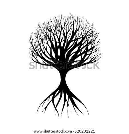 Vector abstract tree. Hand drawn black tree silhouette. 