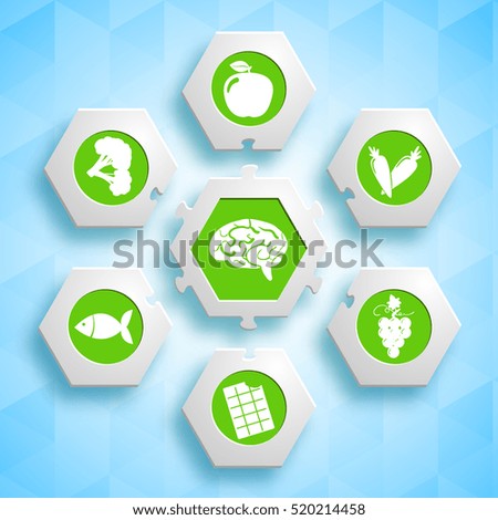 Healthy food infographic design with hexagons and necessary products for human brain on blue background vector illustration