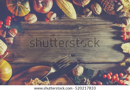 Frame with seasonal ingredients in Thanksgiving Day. Food frame
