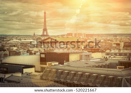 French roofs. Beautiful roofs view in Paris City downtown with skyline under sunlight at day time.