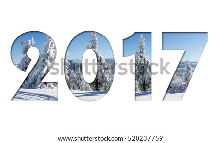 2017 number from winter mountains photo on white background for calendar, flyer, poster, postcard etc. Winter colors.