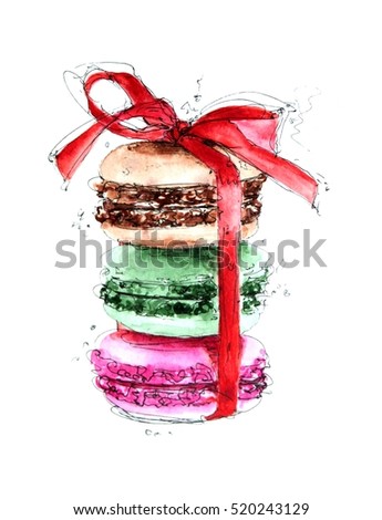 Three stack macarons with red bow, chocolate beige, green pistachio, blue strawberry flavour, watercolor food illustration on white, art print, food sketch
