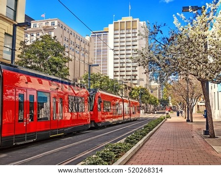 City of San Diego California United States of America downtown street view historical skyline landscape with rail track for modern city trolley on early springtime cityscape travel background theme