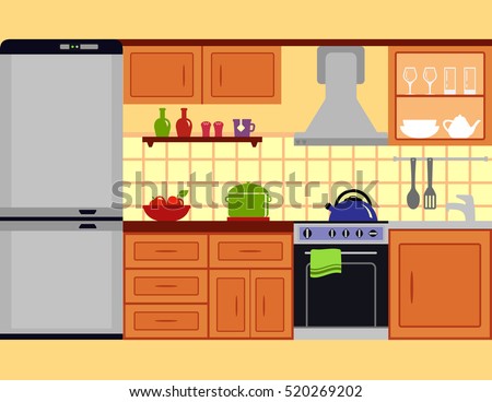 kitchen room interior with furniture set. family modern design cozy colorful cuisine kitchen flat style room interior.