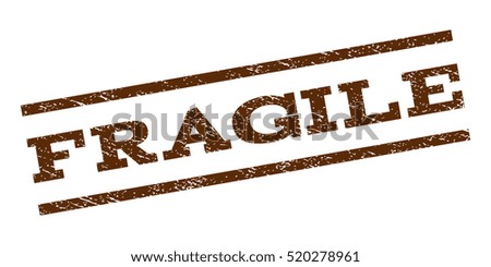 Fragile watermark stamp. Text tag between parallel lines with grunge design style. Rubber seal stamp with scratched texture. Vector brown color ink imprint on a white background.