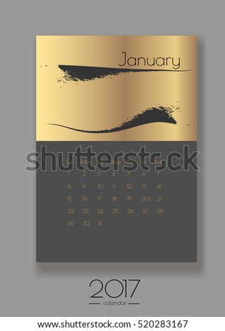 2017 vector calendar. January card. Creative image on a gold foil background. Can be used as printed or screen images.
