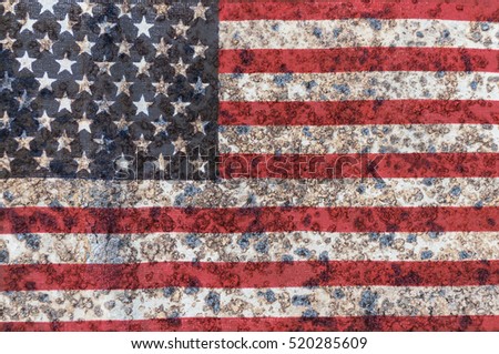USA flag overlay on old rusty wall surface texture for background use