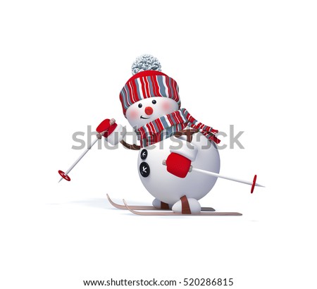 3d render, digital illustration, snowman character skiing, winter outdoor activity, sports,  Christmas toy, clip art isolated on white background