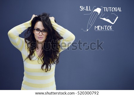 Cheerful young woman with background with drawn business chart, arrow and icons.