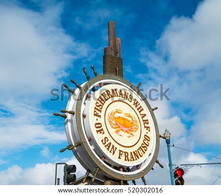 Close up of Fisherman's Wharf sign in San Francisco Royalty-Free Stock Photo #520302016