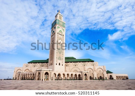 The Hassan II Mosque is a mosque in Casablanca, Morocco. It is the largest mosque in Morocco and the 7th largest in the world. Royalty-Free Stock Photo #520311145