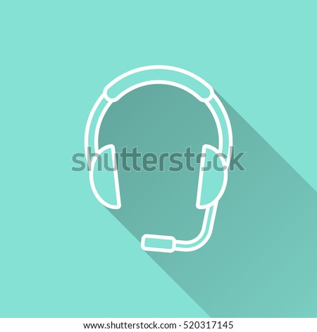 Headphone vector icon with long shadow. White illustration isolated on green background for graphic and web design.