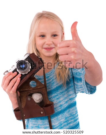 teen girl with retro camera on a white background