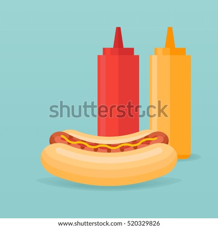 Illustration of hot dog and bottles of ketchup and mustard.