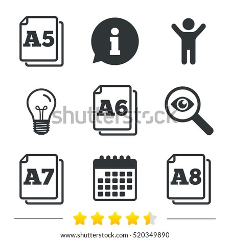 Paper size standard icons. Document symbols. A5, A6, A7 and A8 page signs. Information, light bulb and calendar icons. Investigate magnifier. Vector