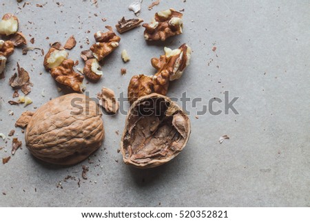 Opened walnuts in pieces