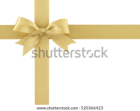 luxury golden ribbon with bow wrapped cross on gift box corner isolated on white background, simple yellow gold ribbon tied bow for presents or greeting card decorating, top view with copy space Royalty-Free Stock Photo #520366423