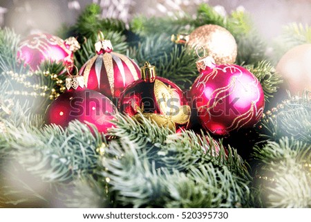 Christmas balls and fir branches Christmas background