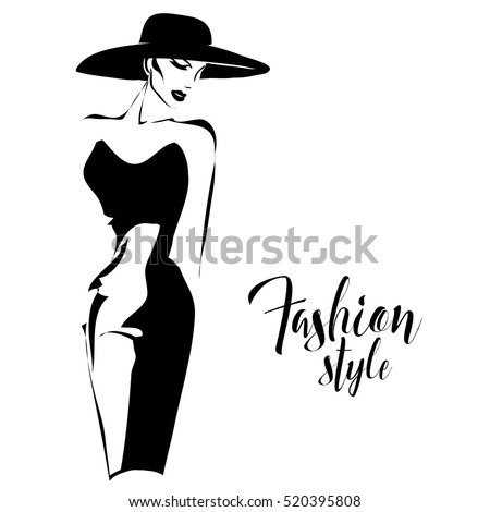 Black and white retro fashion model in sketch style. Hand drawn vector illustration Royalty-Free Stock Photo #520395808