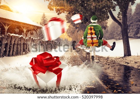 fast christmas elf on street and xmas gifts splash 