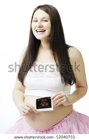 The image of a pregnant woman with a photograph of ultrasound.