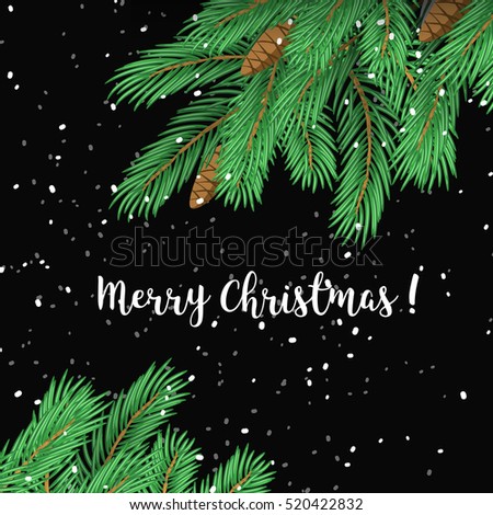 Christmas greeting card background poster. Stock illustration with fir branches and falling snow on black background.