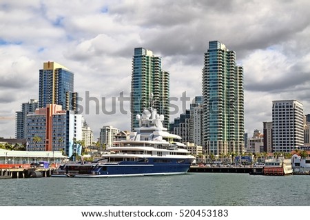 City of San Diego California United States of America pier historical skyline landscape with residential building luxury motor yacht pleasure boat cityscape travel background theme
