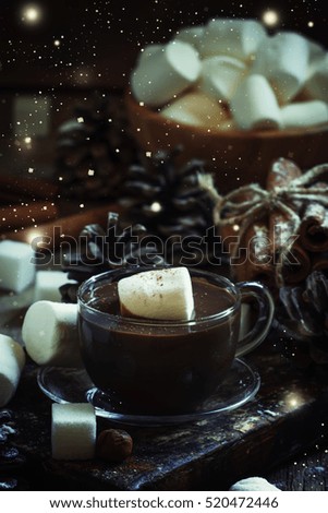 Chocolate mousse in a Christmas decoration, old wooden background, selective focus