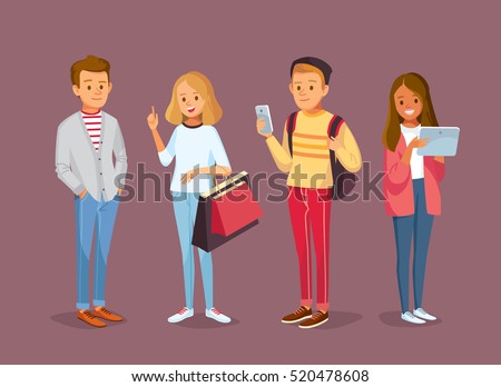 Group of four young people university fellow students classmates learners with gadgets standing together. Young woman girl lady with shopping bags.Vector illustration.Flat design.