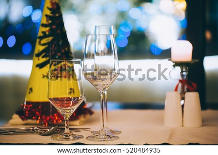 Christmas candle and Bacall, Christmas evening, New year concept, Wine drink
