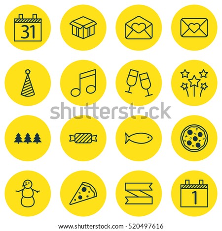 Set Of 16 Christmas Icons. Can Be Used For Web, Mobile, UI And Infographic Design. Includes Elements Such As Candy, Fish, Pizza And More.