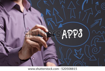 Technology, internet, business and marketing. Young business man writing word: APPS