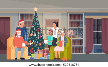 Big Family Christmas Green Tree With Gift Box House Interior Decoration Happy New Year Banner Flat Vector Illustration