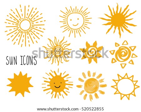 Hand drawn vector set of different suns icons isolated on white. 