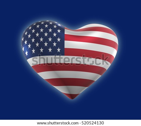 USA 3D Flag Heart Shape, American Banner (3D Render)