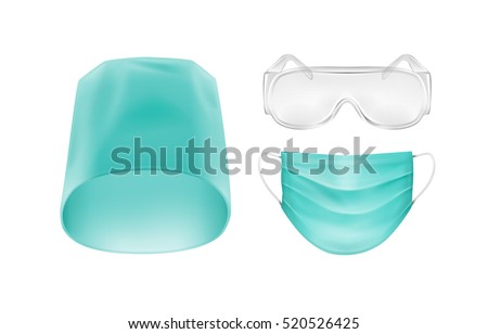 Vector Set of Medical Accessories Face Ear Loop Mask Blue Turquoise Hat Cap and Glasses Isolated on White Background