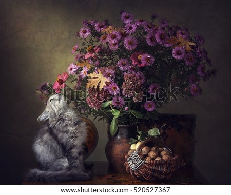 Kitten and autumn bouquet