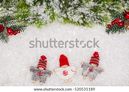 Christmas greeting card. Christmas border with copy space. Noel festive background. New year symbol. Children playing theme.