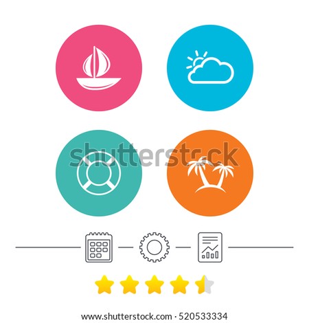 Travel icons. Sail boat with lifebuoy symbols. Cloud with sun weather sign. Palm tree. Calendar, cogwheel and report linear icons. Star vote ranking. Vector