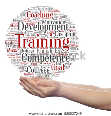 Concept or conceptual training, coaching or learning, study word cloud in hands isolated on background metaphor to mentoring, development, skills, motivation, career, potential, goals or competence