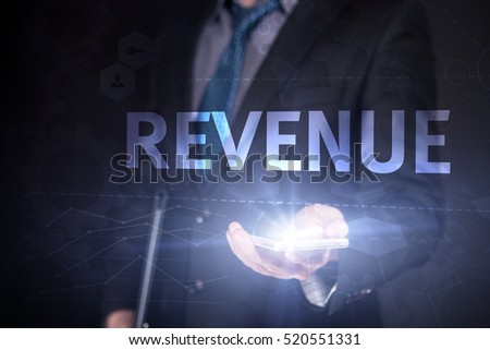 Businessman Use Smartphone And Selecting Revenue, Touch Screen. Virtual Icon. Graphs Interface. Business concept. Internet concept. Digital Interfaces