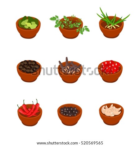 Isometric and cartoon style flavorful spices and condiments icon. Vector illustration. White background.