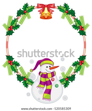 Round frame with Christmas decorations and snowman. Christmas design element. Vector clip art.