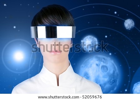 silver futuristic glasses android woman portrait space planets blue background [Photo Illustration]
