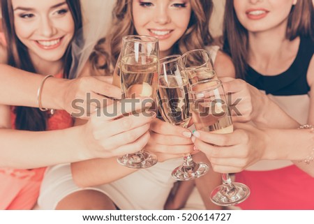 happy girls celebrating a bachelorette party of bride. Royalty-Free Stock Photo #520614727