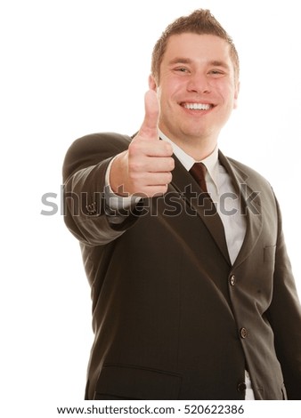 Success in business work. Businessman celebrating promotion in job isolated on white. Happy man showing thumb up hand sign gesture.