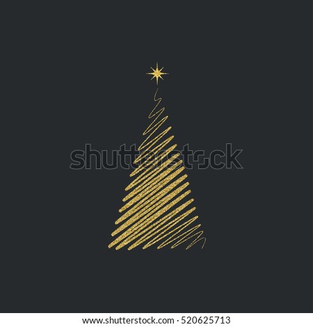 Silhouette of a Christmas tree with a star diagonal with geometric lines on a black background. Gold glitter effect. Vector illustration.