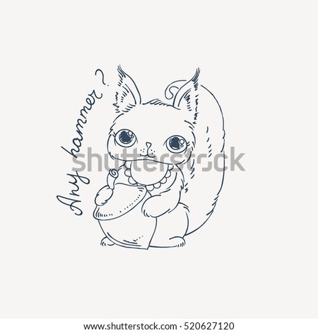 Cute carton squirrel with nut. Vector illustration for kids and children. Coloring page.