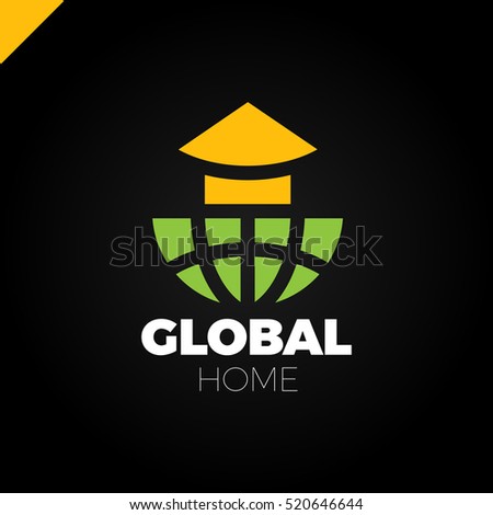 Logo combination of a house and earth. green and yellow color