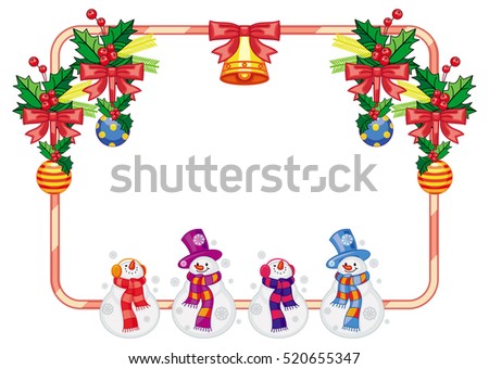 Horizontal frame with Christmas decorations and snowman. Christmas design element. Vector clip art.